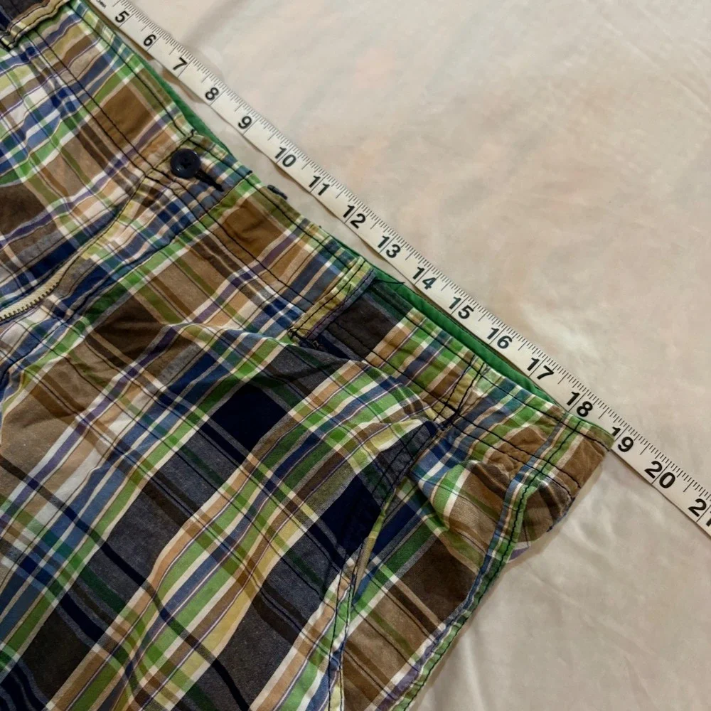Madison Mens Plaid Shorts Size 38 Green Navy Blue Brown Cotton Flat Front Summer